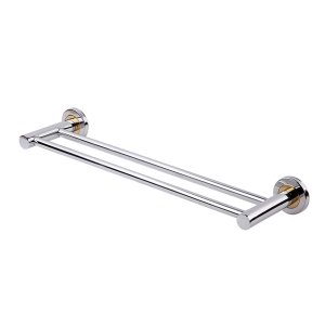 01 Porta Toalha Duplo Prateado Cromado 55cm Fixação Por Parafuso Luxuoso