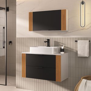 Conjunto Gabinete Banheiro Taos 80cm (armário + Cuba + Espelheira + Tampo Vidro)