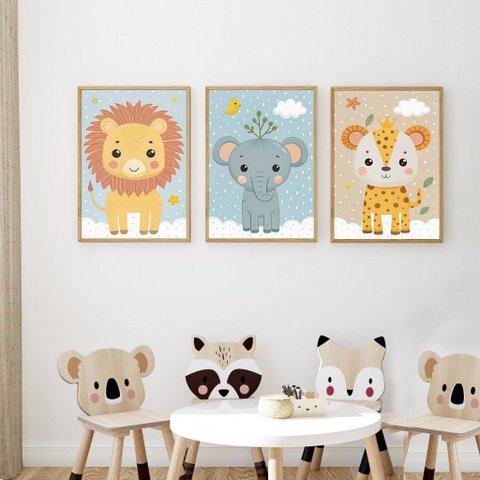 Kit 3 Quadros Decorativos Infantil - Safari Kids NO2 - 40x60 - Moldura Madeira