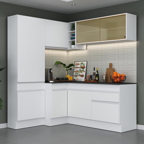 Armário De Cozinha Completa De Canto Com Rodapé Branco