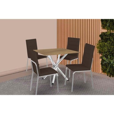 Conjunto: Mesa Sala Jantar Volga C/ Tampo de Madeira 90cm e 4 Cadeiras Amsterdã Cromado/nogueira -