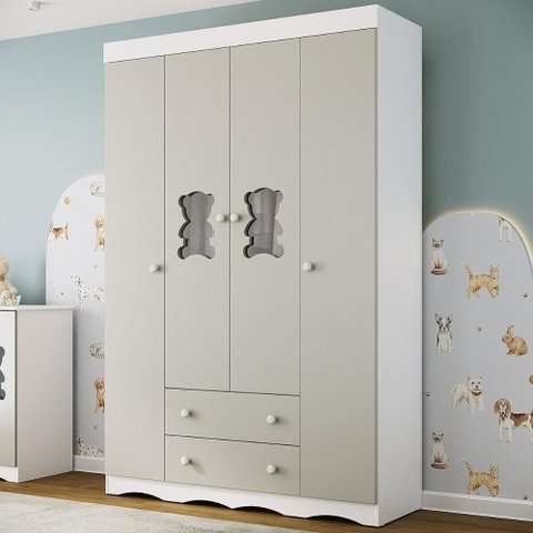 Guarda-roupa Infantil 122cm com Vidro 4 Portas e 2 Gavetas Doçura Multimóveis Mp4493 Branco/off