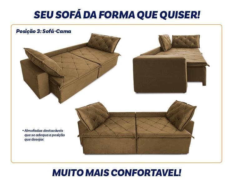 Sofá Cama Retrátil Reclinável 2,10m Bangkok Suede Velut Bege Molas no Assento - King House - 5