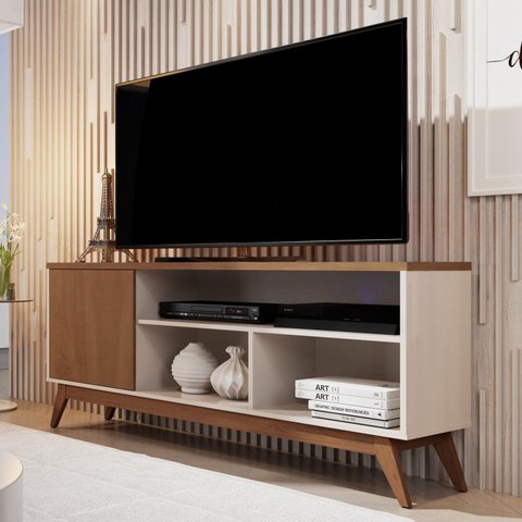 Rack Retrô para TV até 55 Polegadas 136cm Pés em Madeira Maciça Malbec Bege