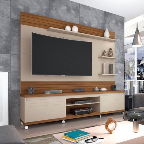 Estante para TV Home Theater Ripado até 70 Polegadas MDF 217x197cm Rodízios Cedro Off White Nature