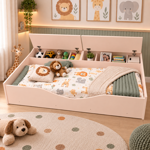 Cama Montessoriana Infantil c/2 Baú Organizadores Flora-Rosa
