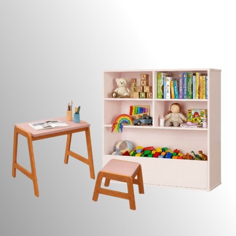 Kit Infantil Mesa Banquinho Estante Organizadora Montessori Quarto Rosa
