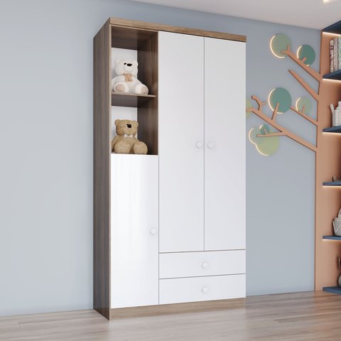 Guarda Roupa 3 Portas 2 Gavetas 2 Nichos Bala de Menta Cor Flex Branco/Rústico