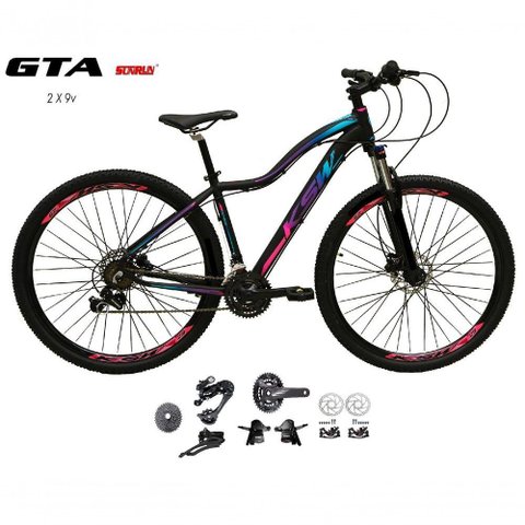 Bicicleta Aro 29 Ksw Mwza Feminina Kit 2x9 Gta Sunrun Disco K7 11/36 Pedivela 24/38d com Trava -
