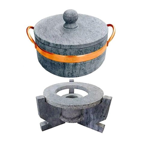 Fogareiro Réchaud G e Caçarola 800ml Alça Cobre Pedra Sabão