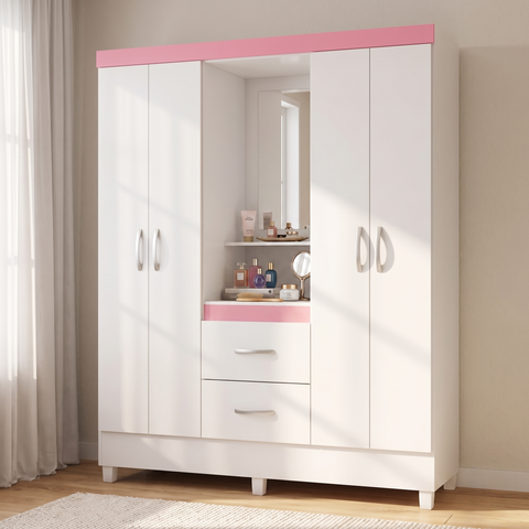Guarda Roupa Solteiro 4 Portas com Espelho e Capelinha Lord Branco/Rosa