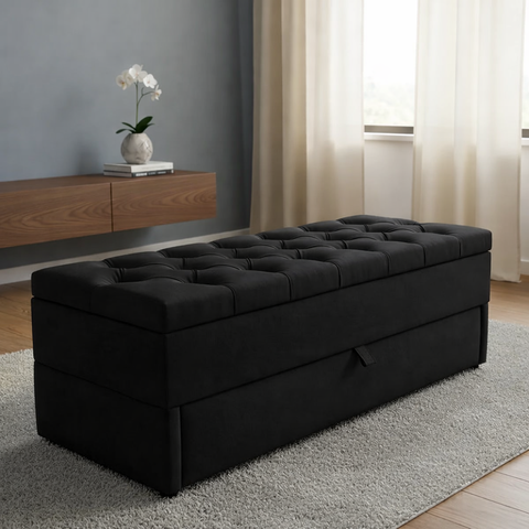 Puff Baú no Modelo Gaveteiro 120x40x45cm Cor Preta Tecido em Veludo Liso