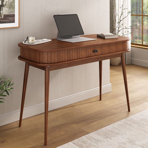 Escrivaninha Madeira Porta Rolltop Versátil Mesa Escritório Jari Castanho Verniz Idimex