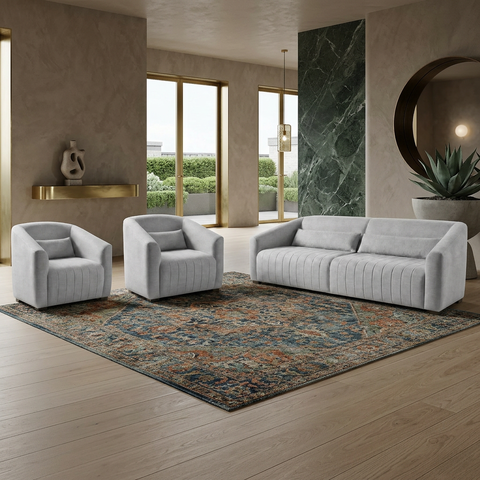 Conjunto Sofá Living Ísis e Duas Poltronas Tecido Impermeável Pet Friendly Linho Cinza Claro 2,10m
