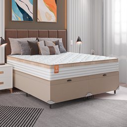 Cama Box Baú Colchão Casal King Molas Ensacadas Real 193x203x68cm Bege / Branco Inducol - 2