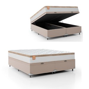 Cama Box Baú Colchão Casal King Molas Ensacadas Real 193x203x68cm Bege / Branco Inducol