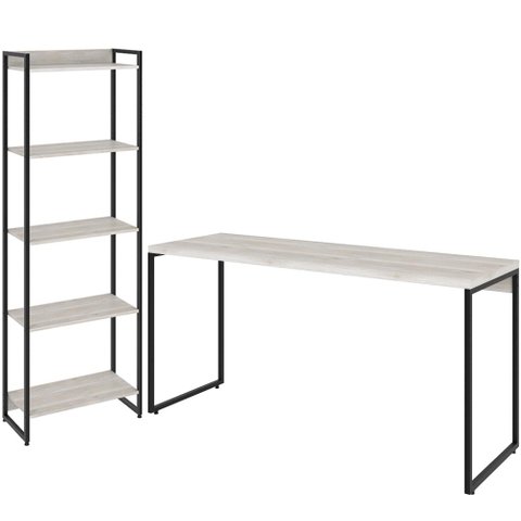 Kit Escritório Estante Areta 5 Prateleiras com Mesa Industrial Aspen 135cm C01 Snow - Lyam Decor