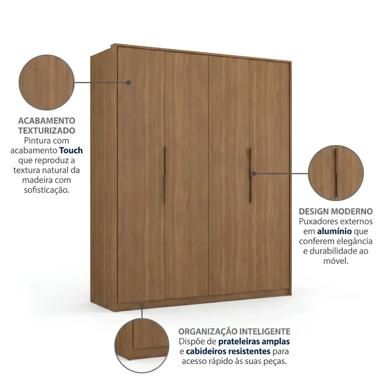 Ver imagem 5 de Guarda Roupa Casal 4 Portas e 3 Gavetas 230 x 180cm Attore Amendola Touch