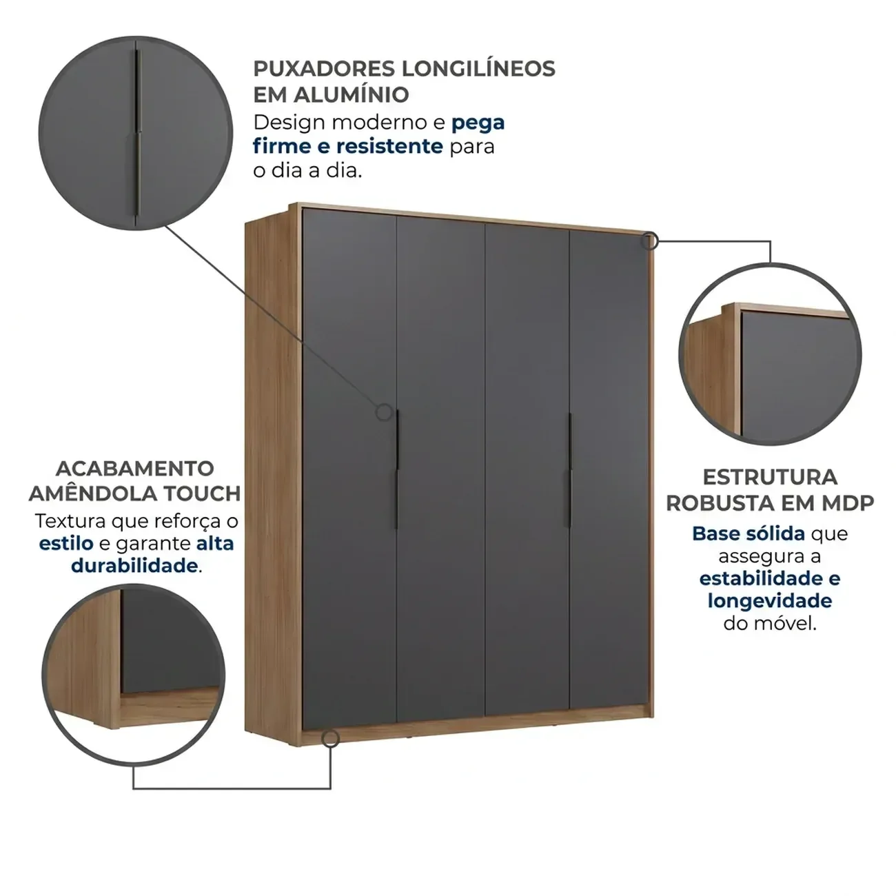 Ver imagem 5 de Guarda Roupa Casal 4 Portas e 3 Gavetas 230 x 180cm Attore Amêndola Touch/Grafito Cinza