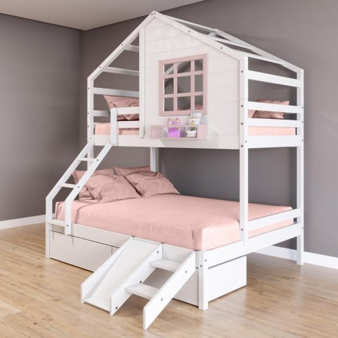 Beliche Casinha com Janela Casal/solteiro com 02 Gavetas e Kit Escada/escorregador Madeira Maciça