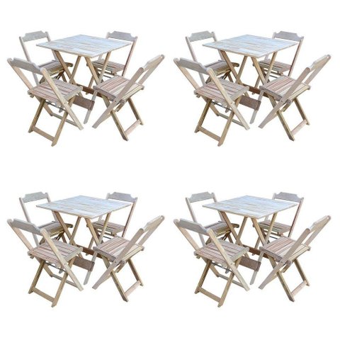 Kit 4 Conjuntos De Mesa Com 4 Cadeiras De Madeira Dobravel 70X70 Sem Pintura/Crua - Marrom