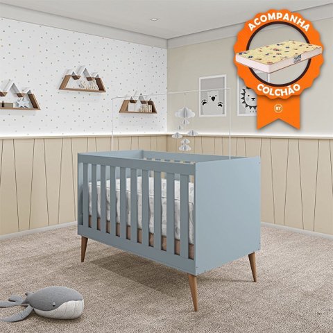Berço Mini Cama Móveis Estrela Ternura - Azul Wood + Colchão Gazin