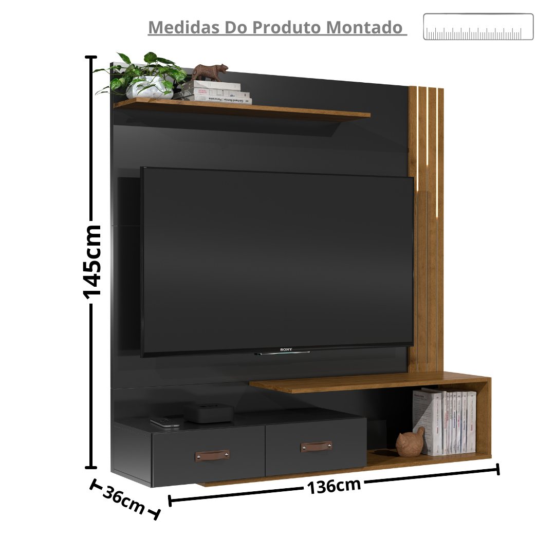 Painel + Rack Suspenso Organic Tv 2gavetas – Preto - 7