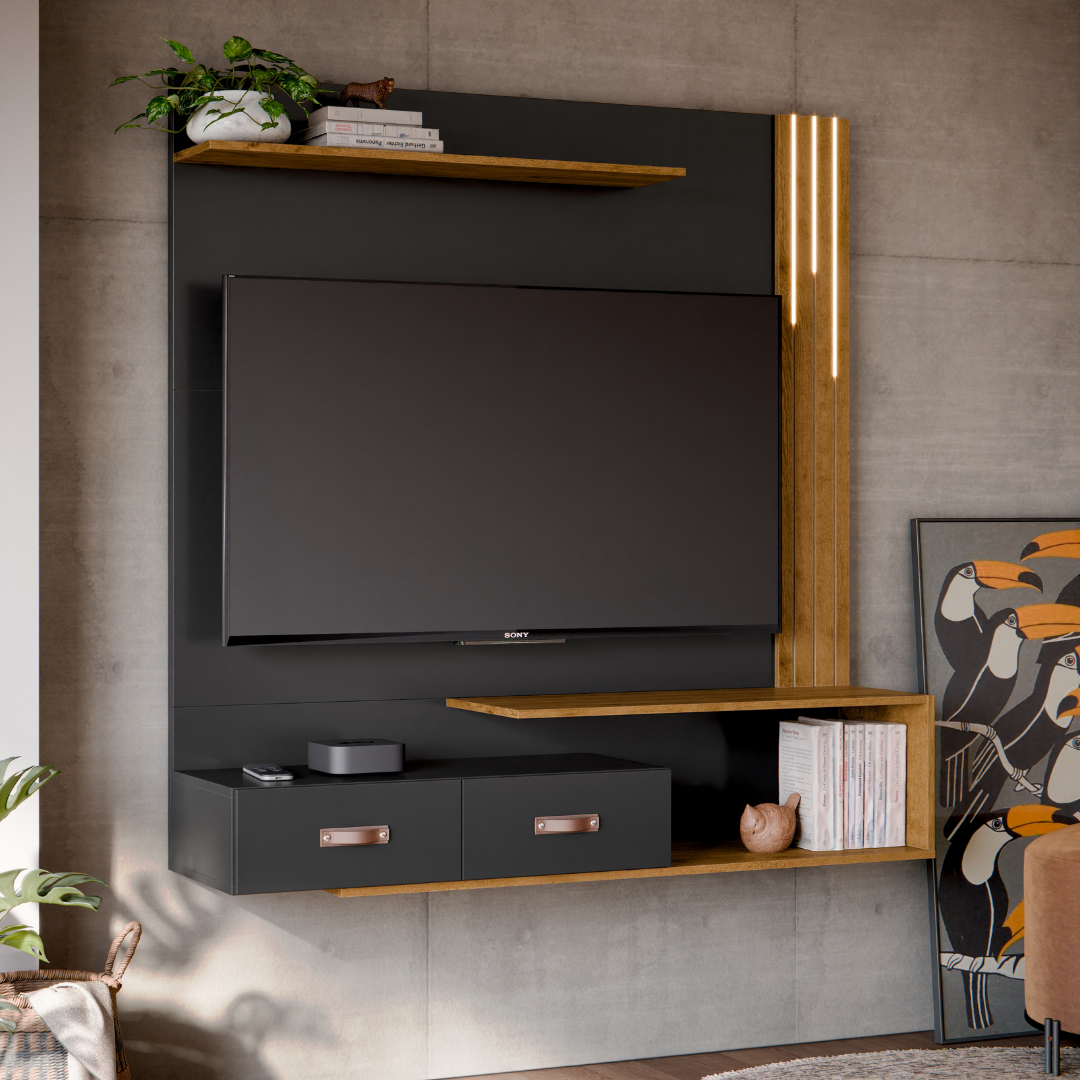 Painel + Rack Suspenso Organic Tv 2gavetas – Preto - 2