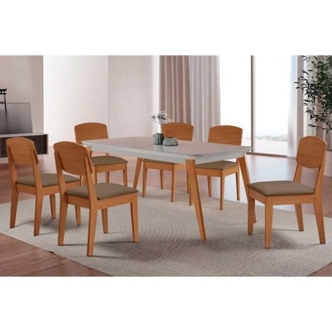 Conjunto: Mesa de Cozinha Havana Curvo 180cm + 6 Cadeiras Havana Naturale/Off White - Suede