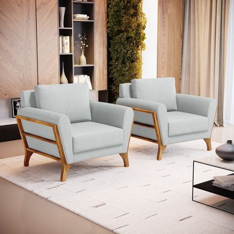 Kit 2 Poltronas Sabrina de Madeira Maciça com Almofada Linho Cinza 407