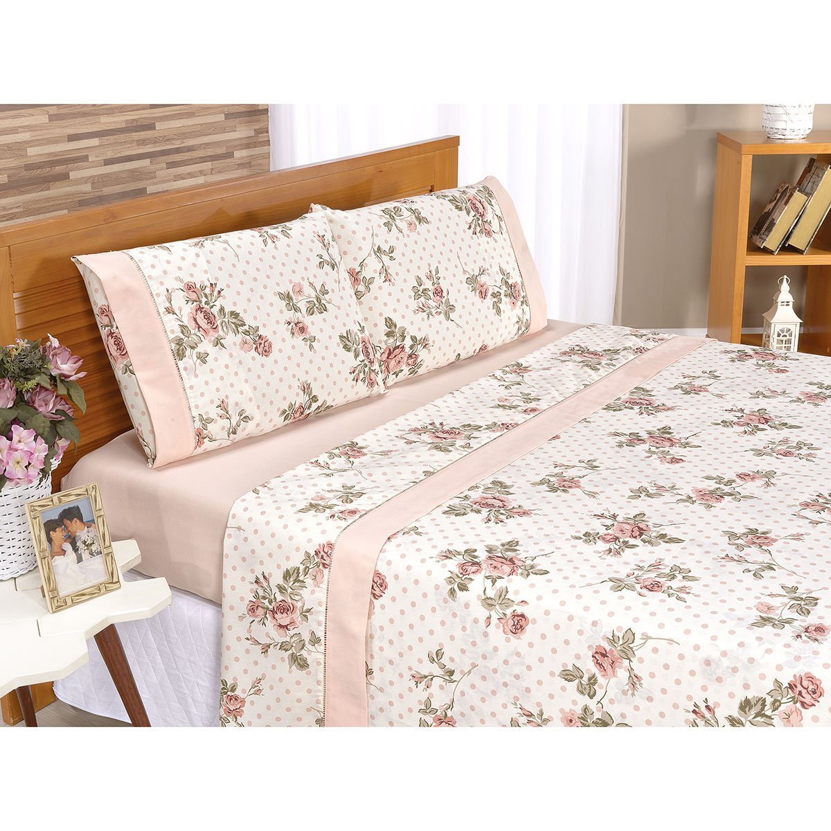 Jogo Cobre Leito Super King Floral Palha + Jogo de Cama Floral 7 Peças