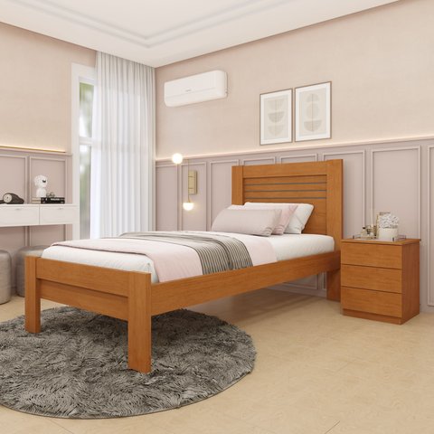 Cama Solteiro 100% MDF Safira Bege/Cinamomo