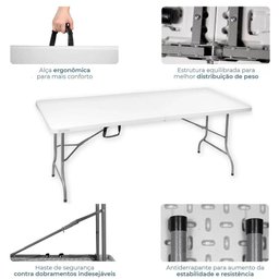 Mesa Dobrável Tipo Maleta Prática e Durável 180x60cm Branca - Waw Design - 3
