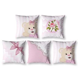 Kit 5 Capas de Almofadas Estampadas Infantil 40cm Ursinha Decoração Sala Menina Zíper Invisível Sofá - 1