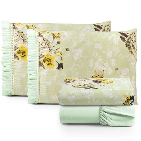 Jogo Cama Lençol Fiore Casal Padrão Estampado 180 Fios 100% Algodão com Babadinho 4 Peças Verde Flor