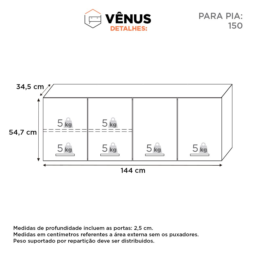 Armário Aéreo Cozinha 150 em Aço Vênus 4 Portas Branco - Cozimax - 4