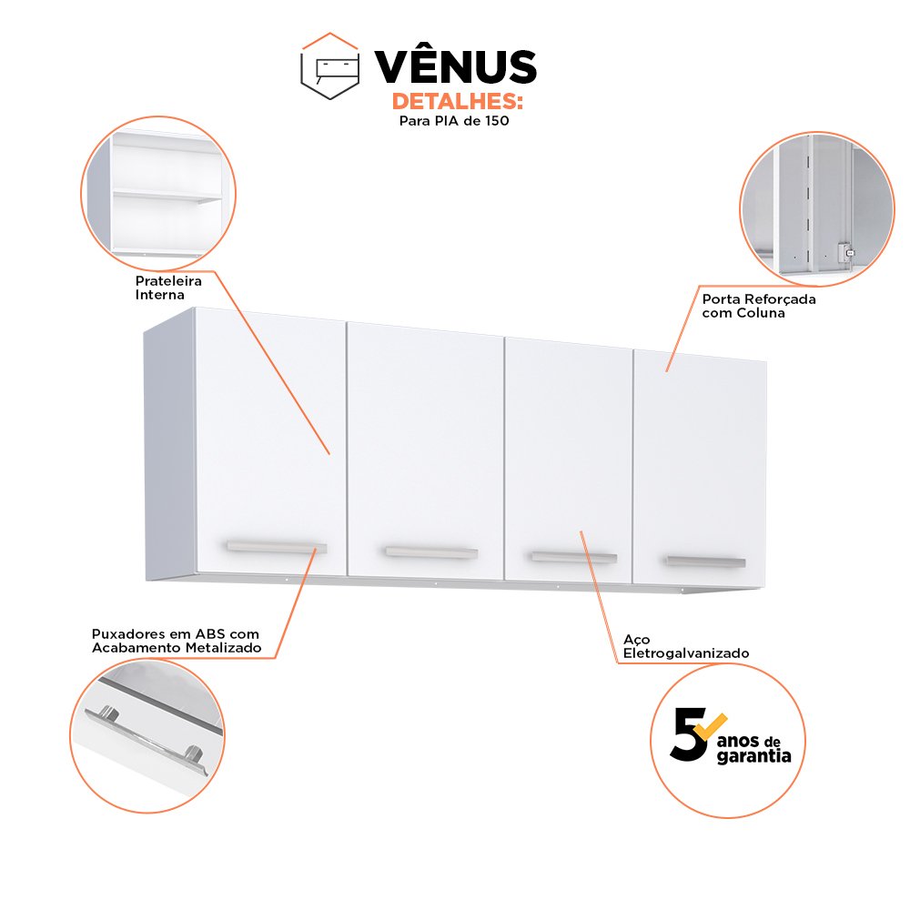 Armário Aéreo Cozinha 150 em Aço Vênus 4 Portas Branco - Cozimax - 2