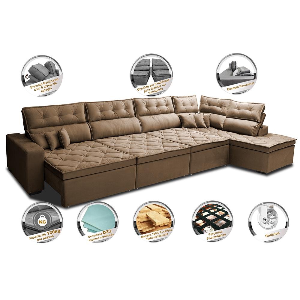 Sofá de Canto 4.80x2.36m Retrátil e Reclinável com Molas Cama inBox