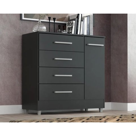 Cômoda Preta 4 Gavetas e 1 Porta Multiuso para Quarto e Organização