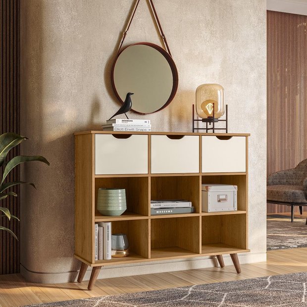 ニシコイ　シェルフS Nicho Organizador Retrô Freijó e 03 Gavetas Off White Qmovi