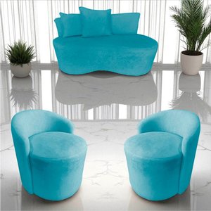 Kit Namoradeira + 2 Poltronas Yara Orgânica Veludo Azul Turquesa
