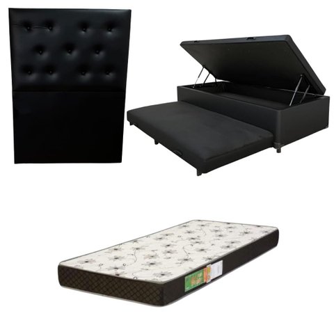 Cama Box Baú Solteiro com Auxiliar (Bicama) + Colchão Solteiro Espuma D20 12cm | Kit Completo com Ca