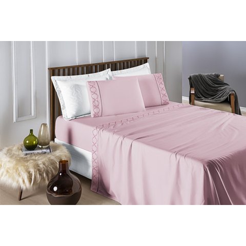 Conjunto de Lencol Casal Super King Madri 300 Fios 04 Pçs Toque Super Macio:rosa