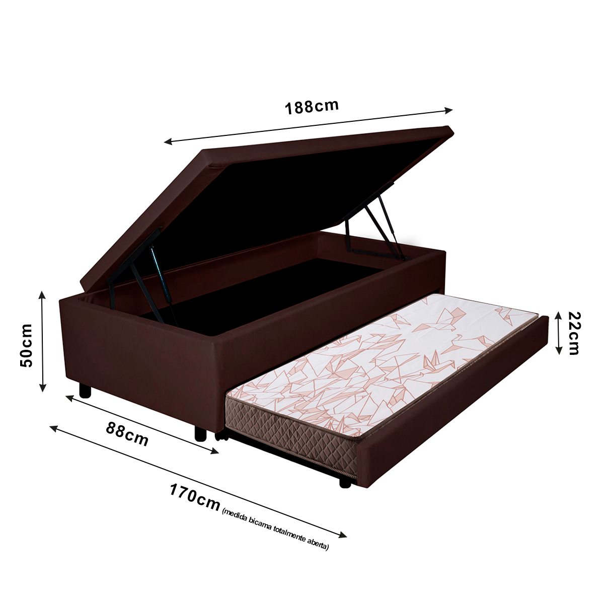 Bicama Box Baú Solteiro 88x188x42 Courino Linho Marrom com Colchão Adapto Molas Ensacadas Ecoflex - 6