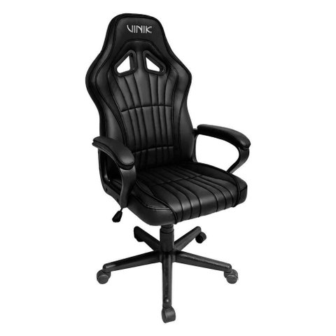 Cadeira Gamer Atlas em Courino com Apoio de Braço Fixo Acolchoado e Base com Rodízios Preto