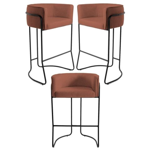 3 Banquetas Base Aço Preto Betina B-235 Linho Laranja Domi