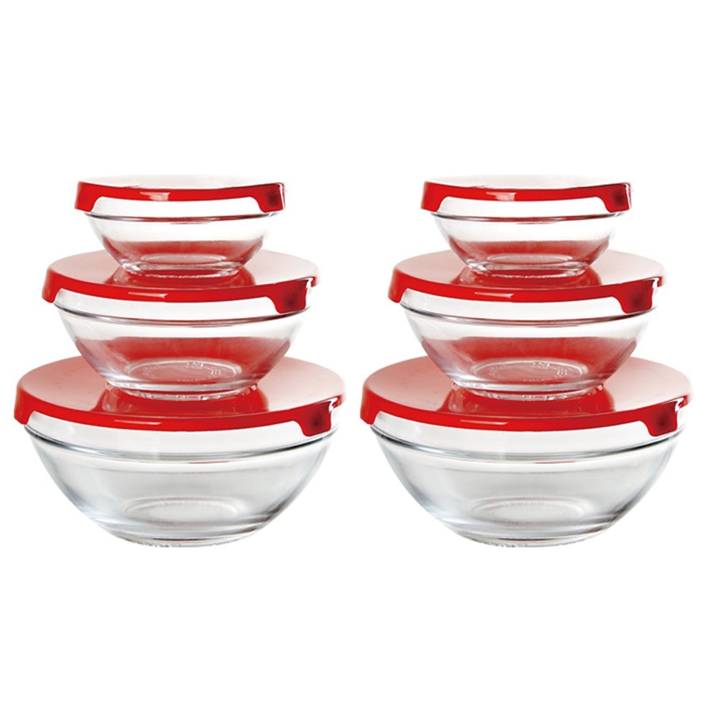 Conjunto 6 Potes Tigela Vidro Tampa Vermelho Class Home
