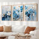 Ver imagem 1 de Kit Quadro Decorativo 3 Telas Flores Azuis em Traços de Ouro Tacolado Moldura Trad 1cm Madeira Escur