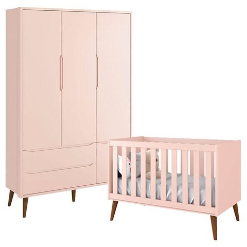 Berço Americano e Guarda Roupa Theo 3 Portas Rosa com Pés Amadeirados – Reller