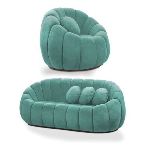 Sofá 2 Lugares com Poltrona Giratória Orgânica Cloud Bouclê Azul Turquesa E03 - D’Rossi